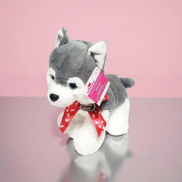 Walmart Hug Fun Siberian Husky Plush Puppy Love Grey Dog Heart Bow Stuffed 12". - Picture 1 of 13